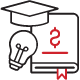 Black and red line art depicting a graduation cap, lightbulb and book with a dollar sign on the cover